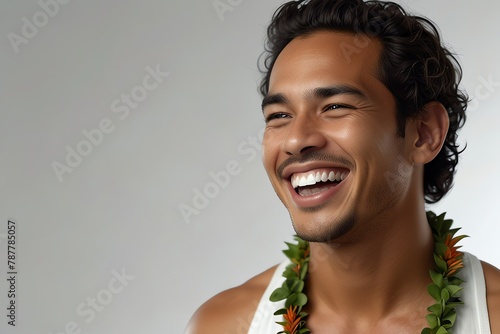 young native hawaiian man on plain bright white background laughing hysterically looking at camera background banner template ad marketing concept from Generative AI photo