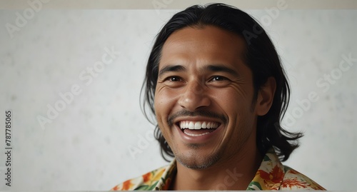 young native hawaiian middle aged man on plain bright white background laughing hysterically looking at camera background banner template ad marketing concept from Generative AI