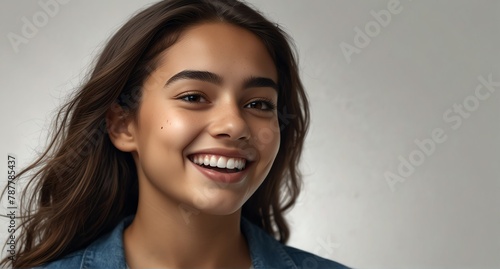 young hispanic teenage girl on plain bright white background laughing hysterically looking at camera background banner template ad marketing concept from Generative AI © sevenSkies