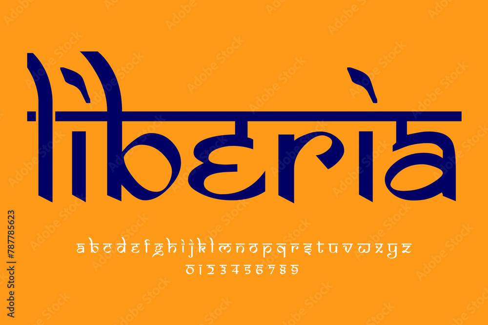 country Liberia text design. Indian style Latin font design, Devanagari inspired alphabet, letters and numbers, illustration.