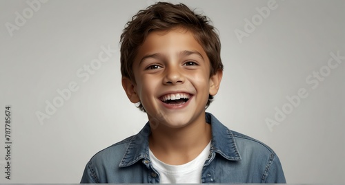young italian child boy on plain bright white background laughing hysterically looking at camera background banner template ad marketing concept from Generative AI photo
