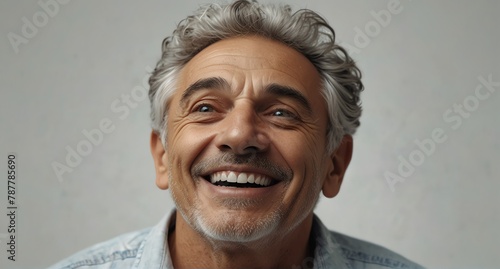 young italian elderly man on plain bright white background laughing hysterically looking at camera background banner template ad marketing concept from Generative AI photo