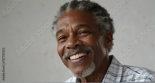 young jamaican elderly man on plain bright white background laughing hysterically looking at camera background banner template ad marketing concept from Generative AI