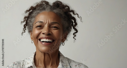 young jamaican elderly woman on plain bright white background laughing hysterically looking at camera background banner template ad marketing concept from Generative AI