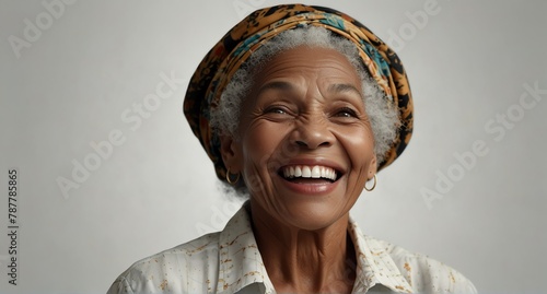 young jamaican elderly woman on plain bright white background laughing hysterically looking at camera background banner template ad marketing concept from Generative AI