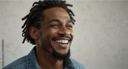 young jamaican middle aged man on plain bright white background laughing hysterically looking at camera background banner template ad marketing concept from Generative AI