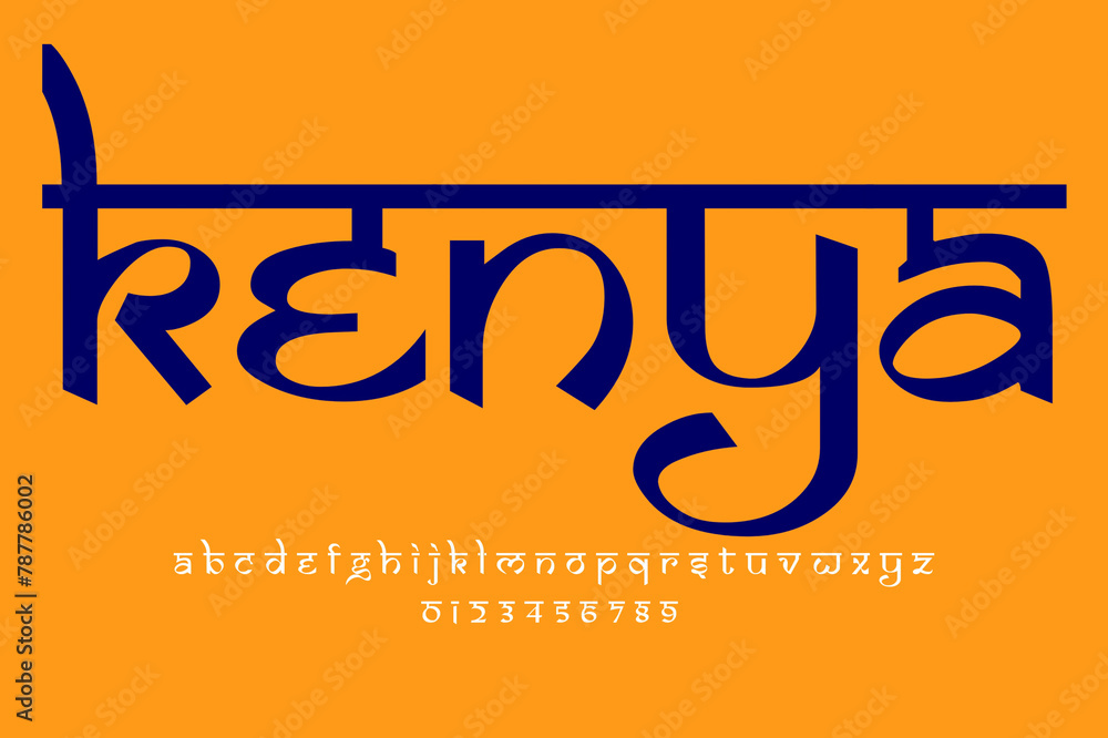 country Kenya text design. Indian style Latin font design, Devanagari inspired alphabet, letters and numbers, illustration.