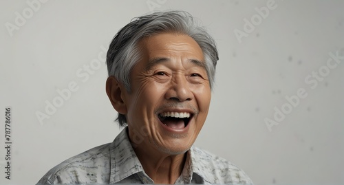 young japanese elderly man on plain bright white background laughing hysterically looking at camera background banner template ad marketing concept from Generative AI