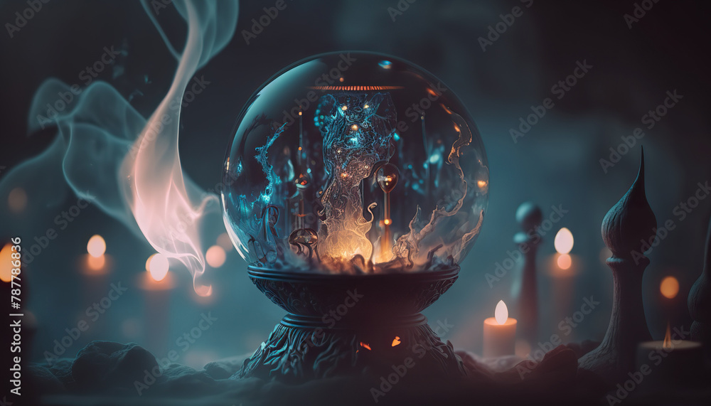 Illustration of magic crystal ball or glowing fortune teller sphere. Mystic background concept.