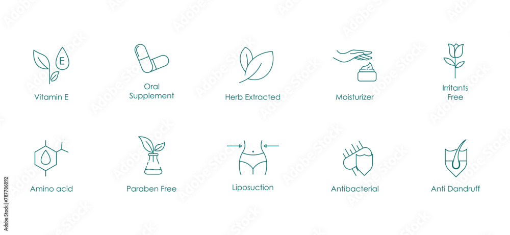 Skin Harmony: Vector Icon Collection for Hyaluronic Acid, Glycolic Acid, AHA, Charcoal, Exfoliate, Collagen, Skin Serum, Vitamins, Irritants Free, Aloe Vera, Lotion, Antioxidant, Cruelty Free