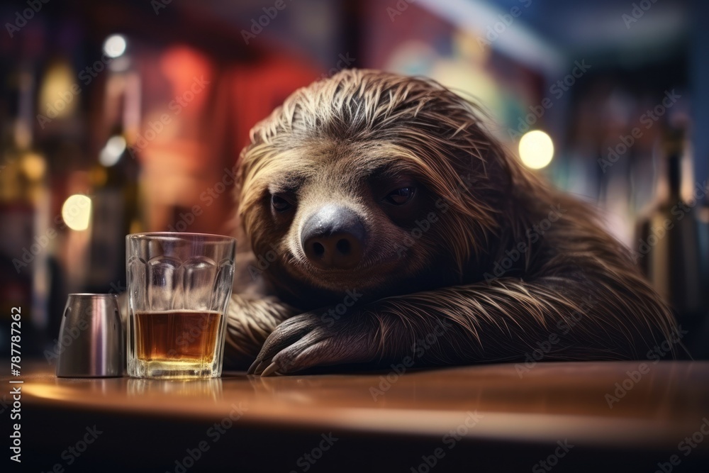 Fototapeta premium Drinking sloth with a glass of beer.