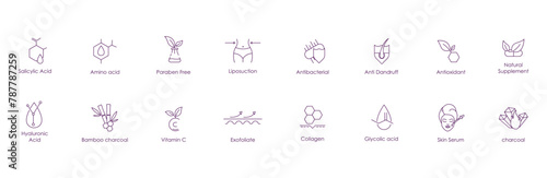 Essential Beauty: A Vector Icon Collection Featuring Hyaluronic Acid, Glycolic Acid, AHA, Charcoal, Exfoliate, Collagen, Skin Serum, Vitamins, Irritants Free, Aloe Vera, Lotion, Antioxidant