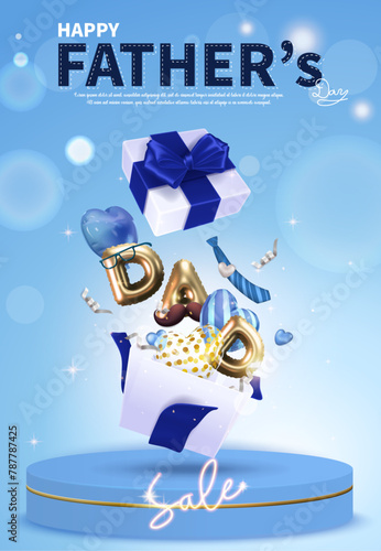 Blue Father's Day greeting card, open gift box with flying heart-shaped balloons, DAD letter balloons and ribbons