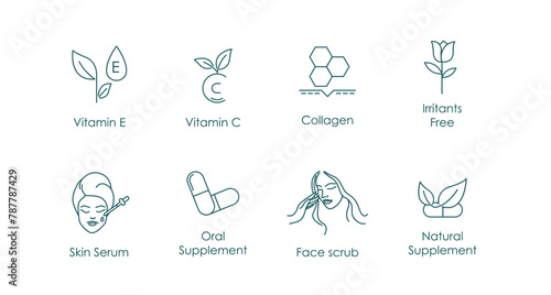 Vitamin E  Vitamin C  Collagen  Irritants Free  Face Serum  Oral Supplement  Face Scrub  Vector Icons Set