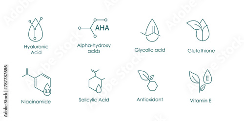 Hyaluronic Acid, AHA, Glycolic Acid, Glutathione, Salicylic Acid, Antioxidant, Vitamin E Vector Icons Set photo