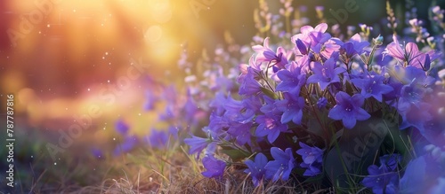 Lovely spring scenery featuring a bouquet of campanula flowers. photo