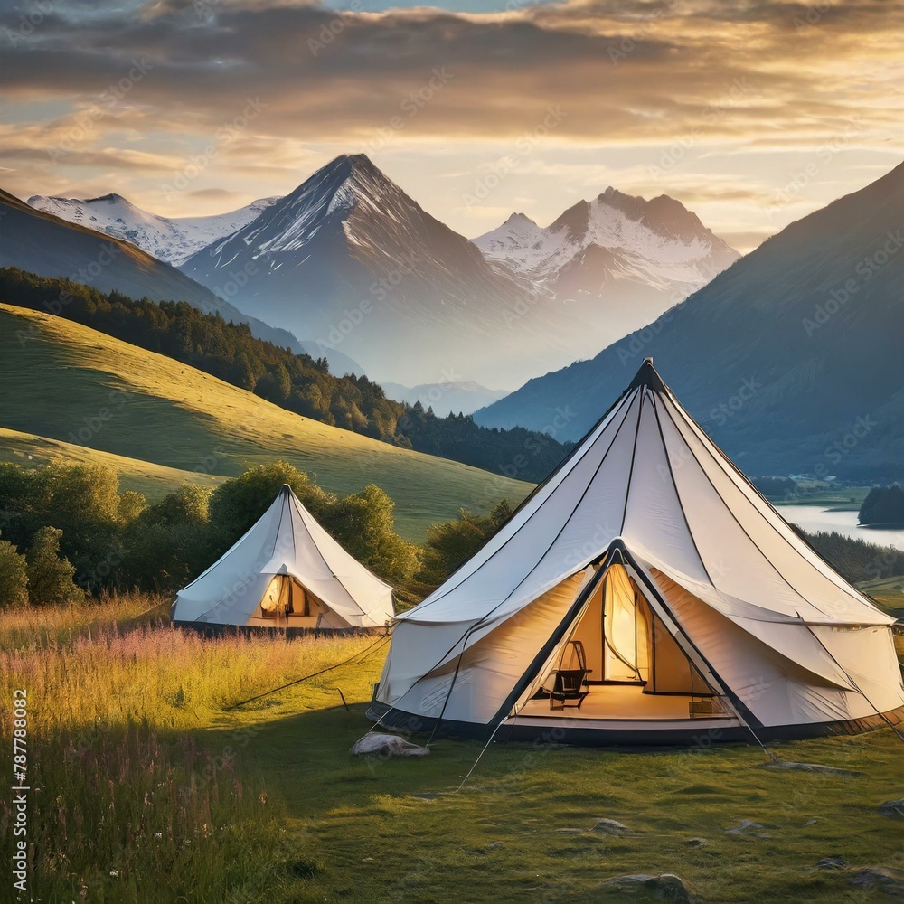 tent in the mountains,countryside scene  glamping tents set against a backdrop of rolling hills and majestic mountains, providing a luxurious camping experience amidst pristine natural surroundings.