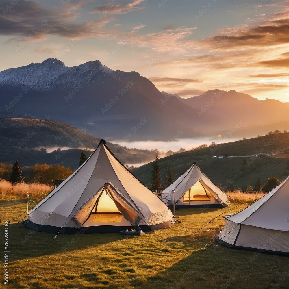 tent on the mountain,countryside scene  glamping tents set against a backdrop of rolling hills and majestic mountains, providing a luxurious camping experience amidst pristine natural surroundings.