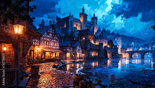 illustration painting of medieval Germanic city in a fierce evening rain storm photo