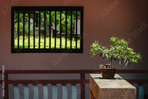 The classical Chinese garden landscape of Benyuan Lin's Garden, a Qing Dynasty aristocratic estate in Taipei, Taiwan, featuring a lattice-style window on the corridor and a potted plant on a shelf. photo