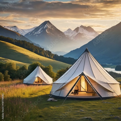 tent in the mountains,countryside scene glamping tents set against a backdrop of rolling hills and majestic mountains, providing a luxurious camping experience amidst pristine natural surroundings.