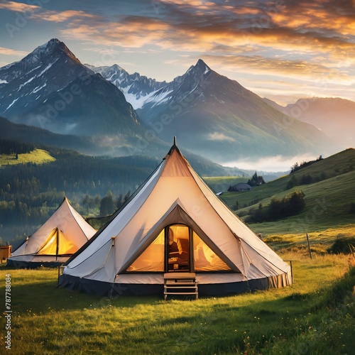 camping in the mountains,countryside scene glamping tents set against a backdrop of rolling hills and majestic mountains, providing a luxurious camping experience amidst pristine natural surroundings