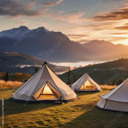 tent on the mountain,countryside scene glamping tents set against a backdrop of rolling hills and majestic mountains, providing a luxurious camping experience amidst pristine natural surroundings.