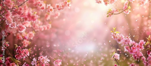 Spring background with blooming trees and flowers.