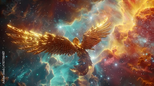 Majestic Angel with Golden Wings Soaring Through Vibrant Celestial Nebula