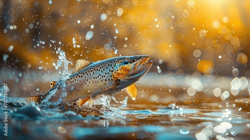 Fish above water catching bait. Panoramic banner with copy space.Jumping Rainbow trout (Oncorhynchus mykiss), Port Hope, Ontario, Canada photo