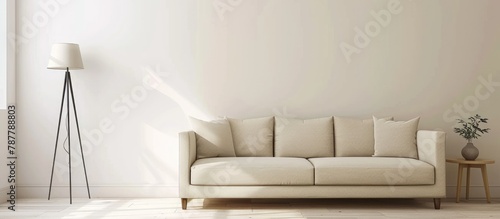 Simple living room interior with a beige sofa placed against a white, blank wall, featuring a lamp. photo