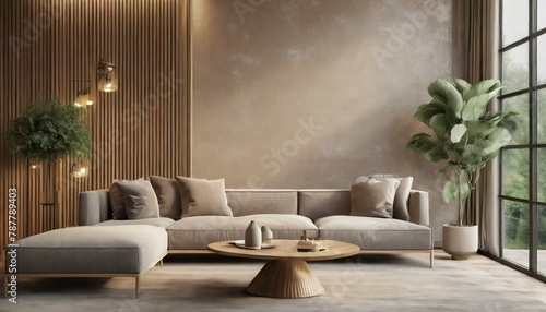 Luxury living room in warm colors. Brown beige walls, light gray lounge furniture -sofa, table. Empty background microcement for art. Rich interior design. Mockup room office reception. 3d, Ai Generat