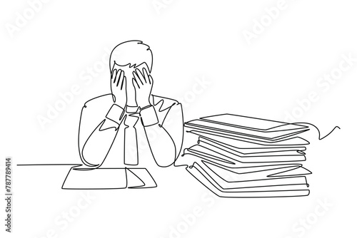 One continuous line drawing of busy people in stress and fatigue at work. Doodle vector illustration in simple linear style
