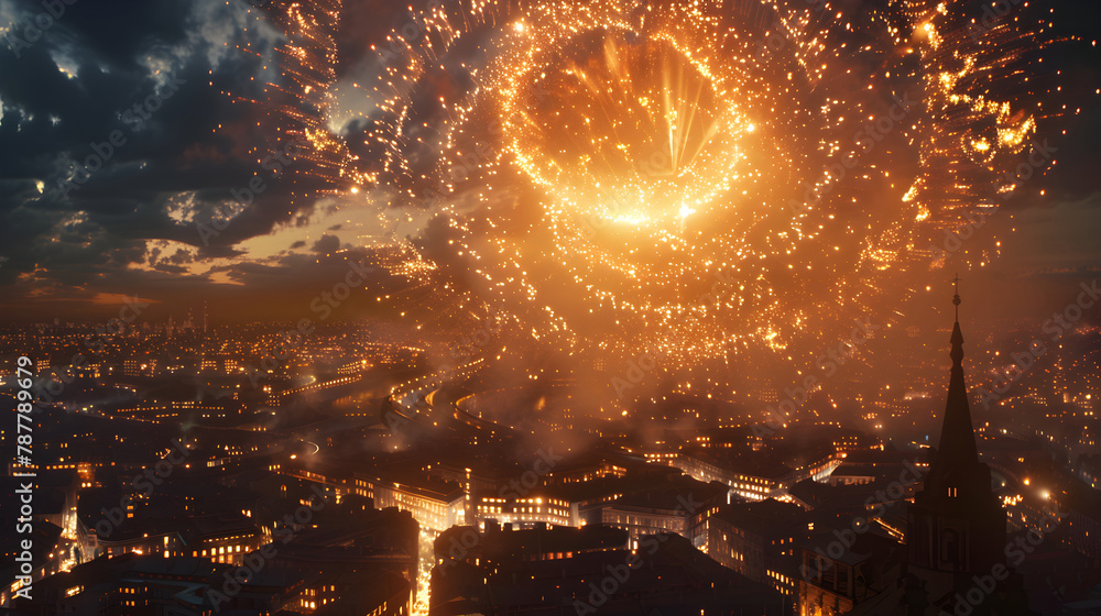Celebration fireworks light up the sky above an ancient city. The fireworks formed a circle. Celebration fireworks light up the sky above an ancient city. The fireworks formed a circle.