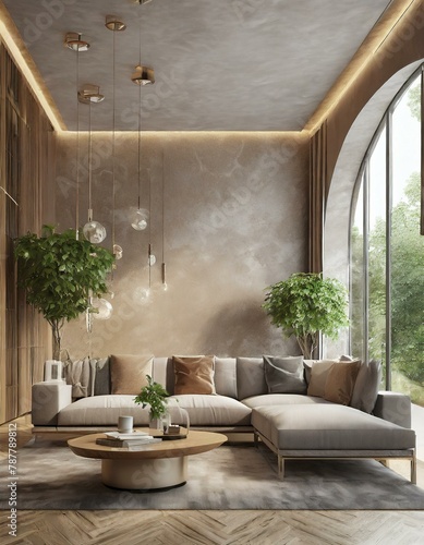 Luxury living room in warm colors. Brown beige walls, light gray lounge furniture -sofa, table. Empty background microcement for art. Rich interior design. Mockup room office reception. 3d, Ai Generat
