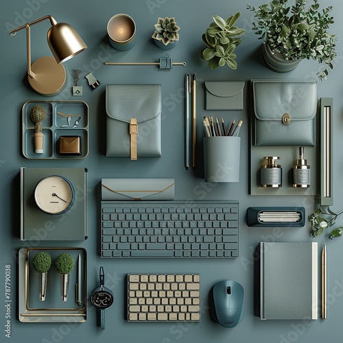 A flat lay of sage green office supplies including keyboard, mouse, notebooks, clock, lamp, and plants. photo