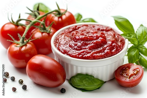 A bowl of tomato sauce surrounded by tomatoes and basil leaves on a white surface with a few