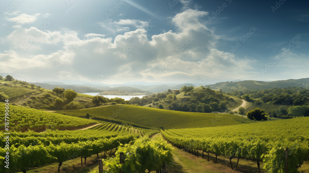 A picturesque vineyard with rows of grapevines leading towards a central focal point, ideal for text overlay
