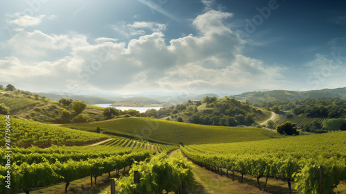 A picturesque vineyard with rows of grapevines leading towards a central focal point  ideal for text overlay