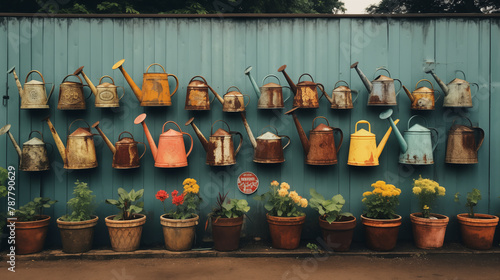 A row of antique metal milk pails arranged along a fence, with the pails encircling the typography space © Nittaya