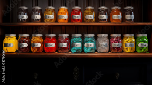 A row of vintage glass jars filled with colorful preserves, with jars arranged around the central typography space