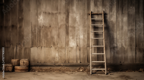 A rustic wooden ladder leaning against a barn, with the rungs creating a border around the typography space photo