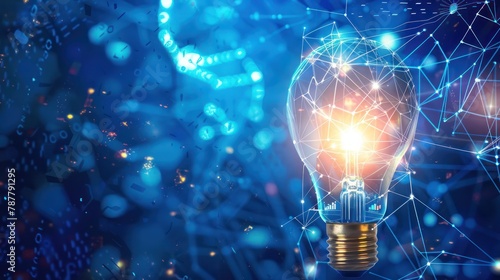 Abstract blue light bulb with digital world inside, Technology Network Data Connection, dark blue background,