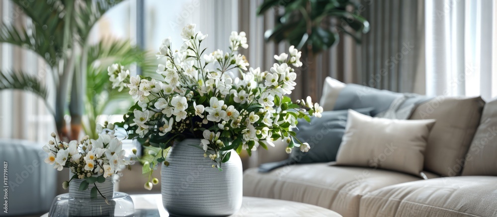 Modern room with a cozy sofa and a table adorned with fresh spring blooms