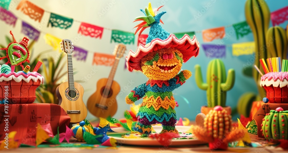 Lively Mexican celebration scene with pinata, sombrero, maracas, guitar, cactus for child's birthday