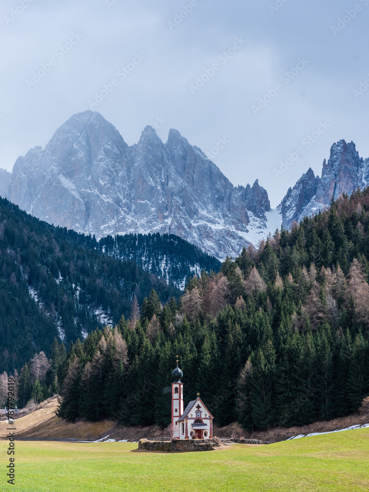 The spring landscape in Val di Funes, Dolomites, Italy.