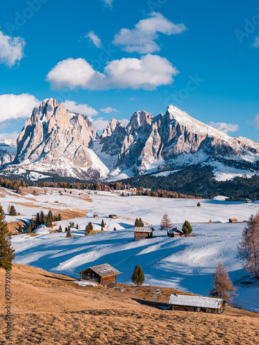 Winter landscape in Alpe di Siusi, Dolomites, Italy.