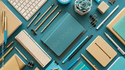 Gold and teal office supplies arranged on a blue background.
