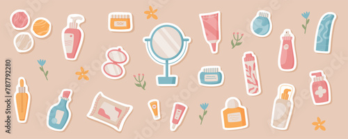 Trendy antiaging skin care product sticker pack collection, flat moisturizing cosmetic jars composition with green leaves, cartoon natural beauty oil bottle, colorful organic skincare vector patch set