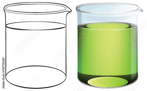 Outlined and colored beakers with green liquid